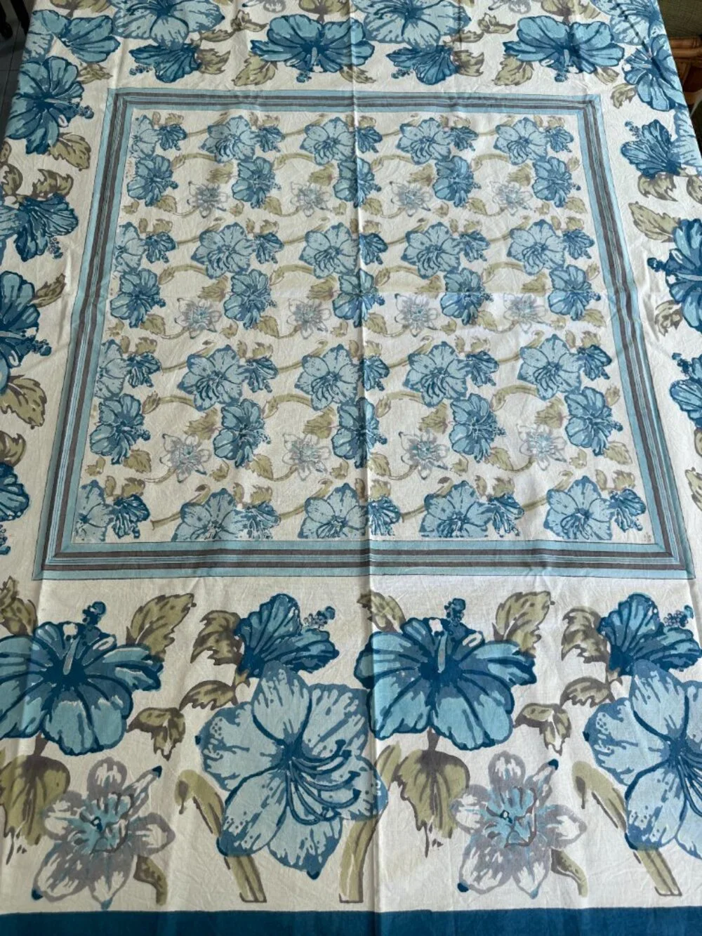 Vintage Couleur Nature by Bruno Lamy Tablecloth 59x59 Blue Hibiscus Hand Block
